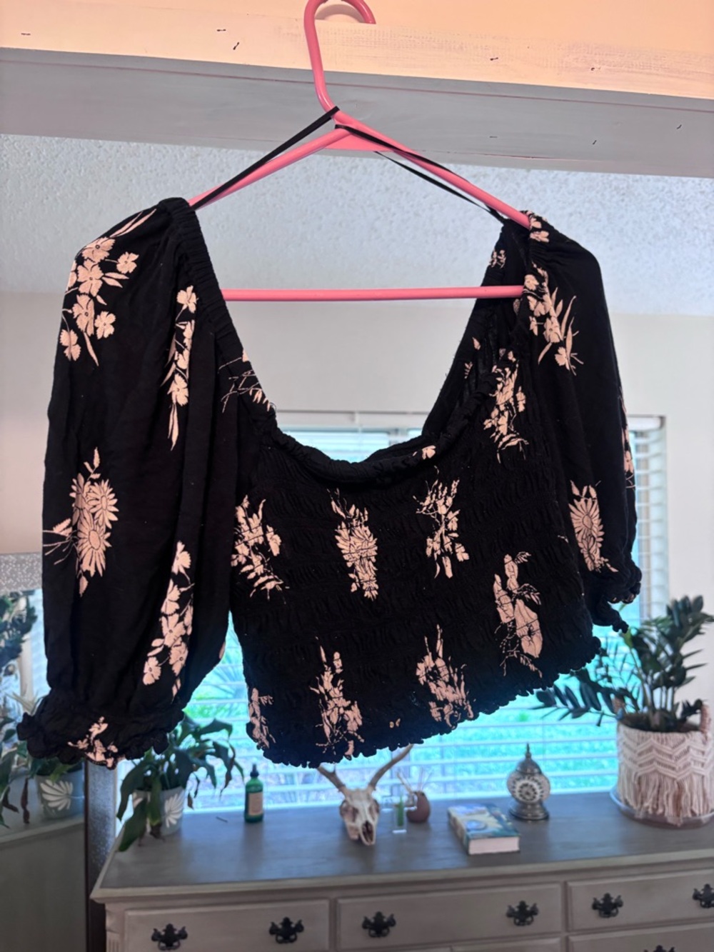 Urban Outfitters Black Floral Smocked Crop Top